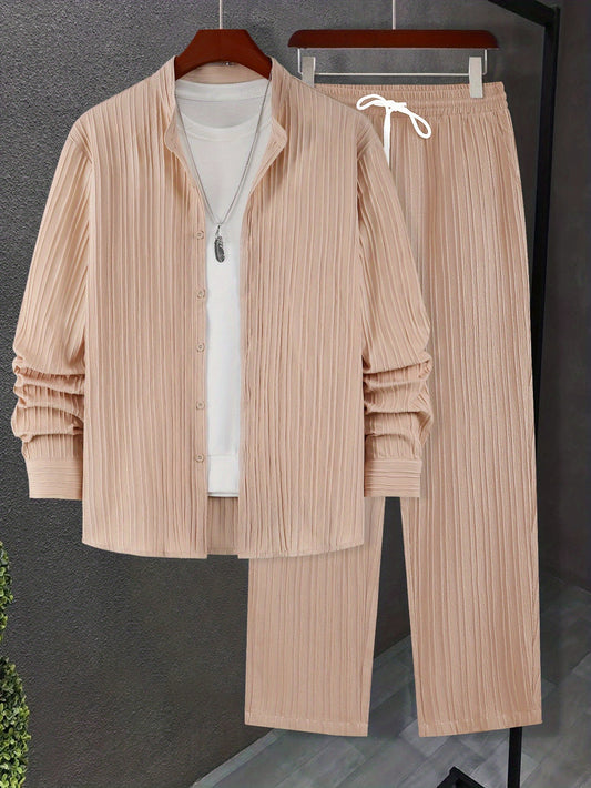 Men Autumn Winter Slim Fit Suit With Striped Lapel Shirt