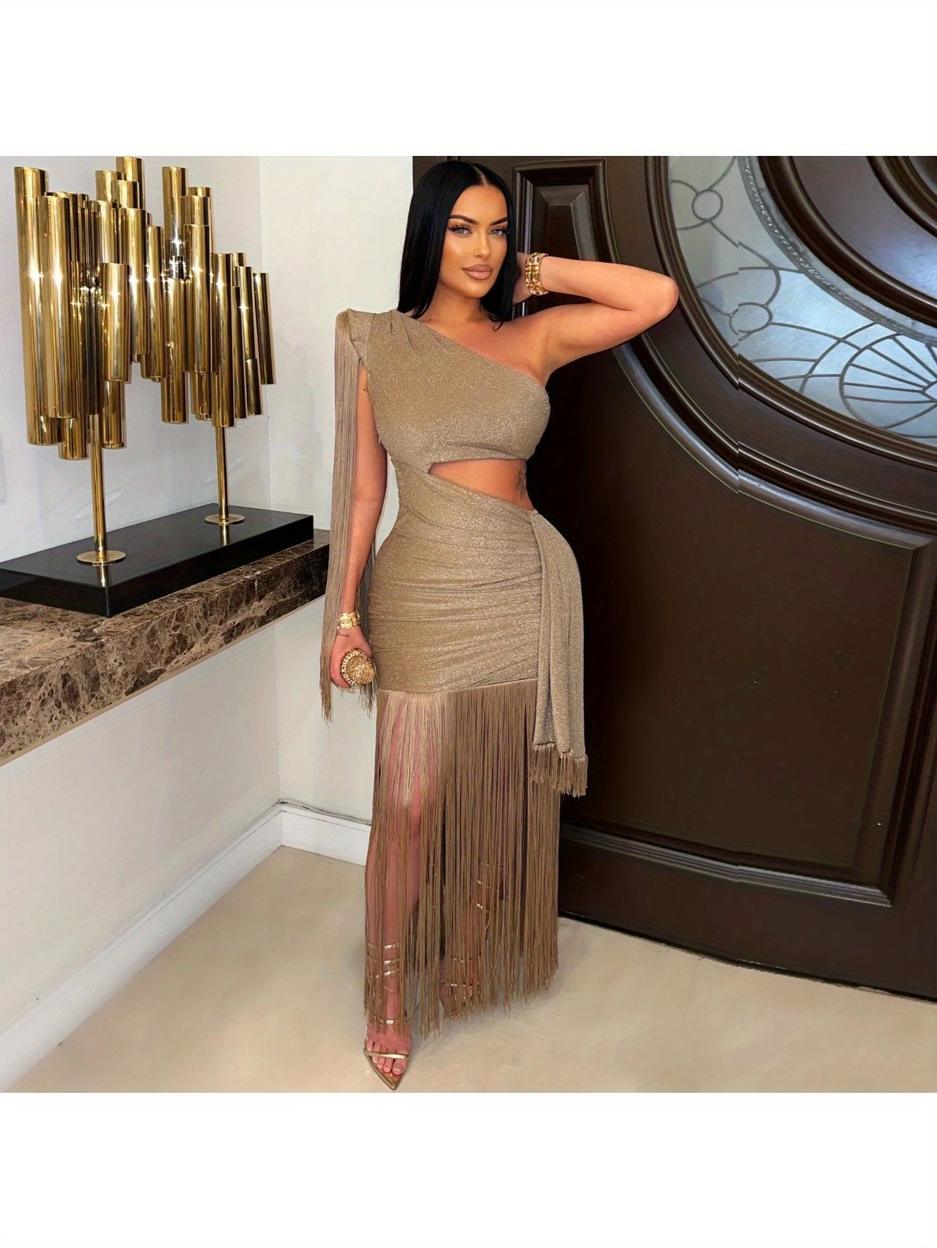 European American Style Asymmetrical Tassel Evening Dress