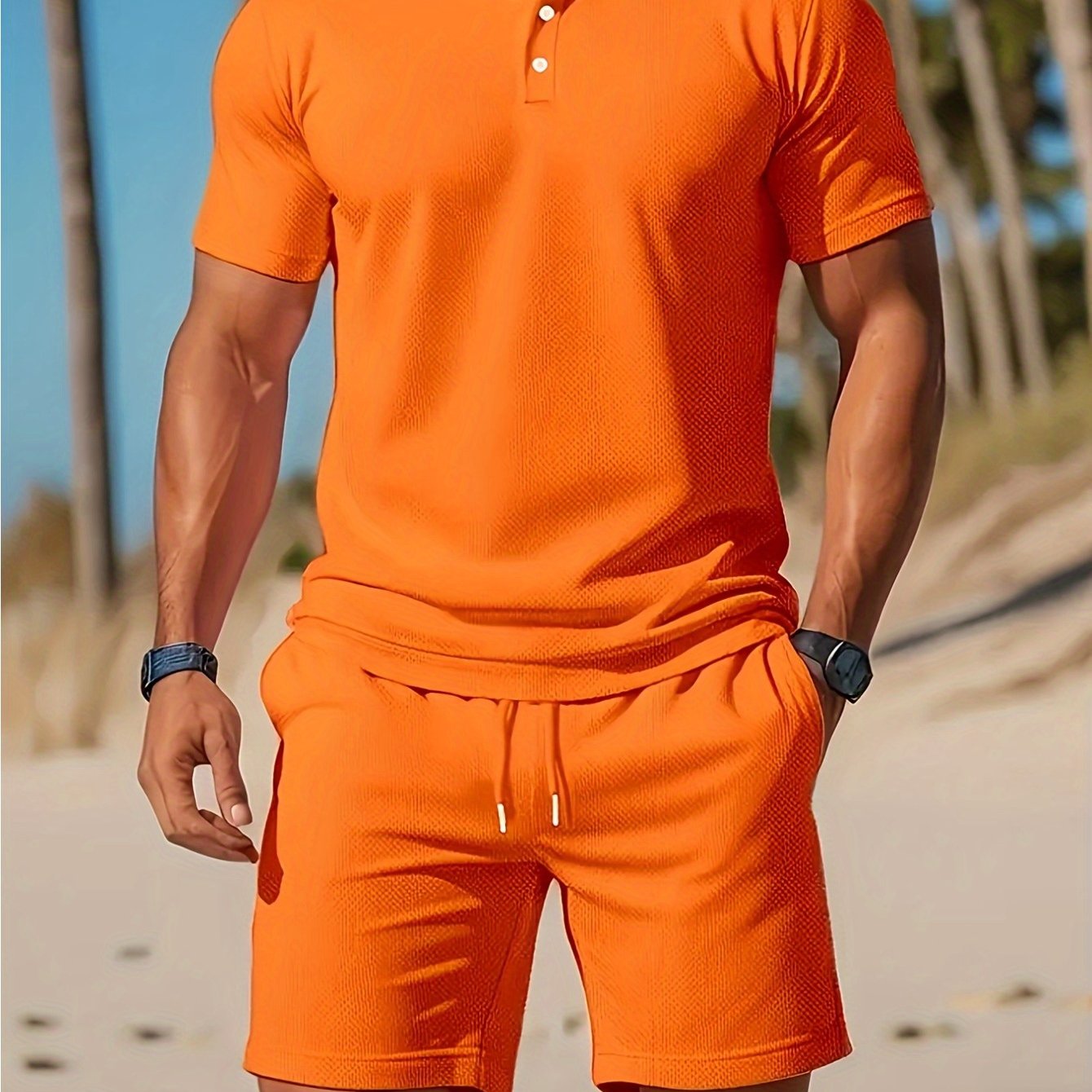 Mens Summer Casual 2pc Short Sleeve Shirt And Shorts Set