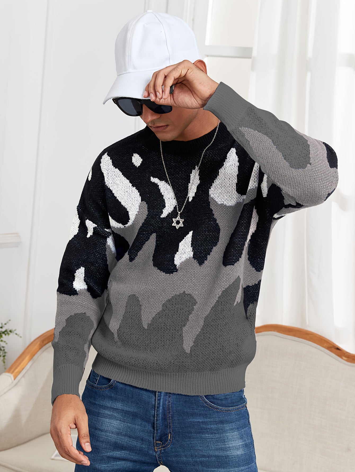 Oversized Crewneck Sweater Flame Graphic Knit For Men Women