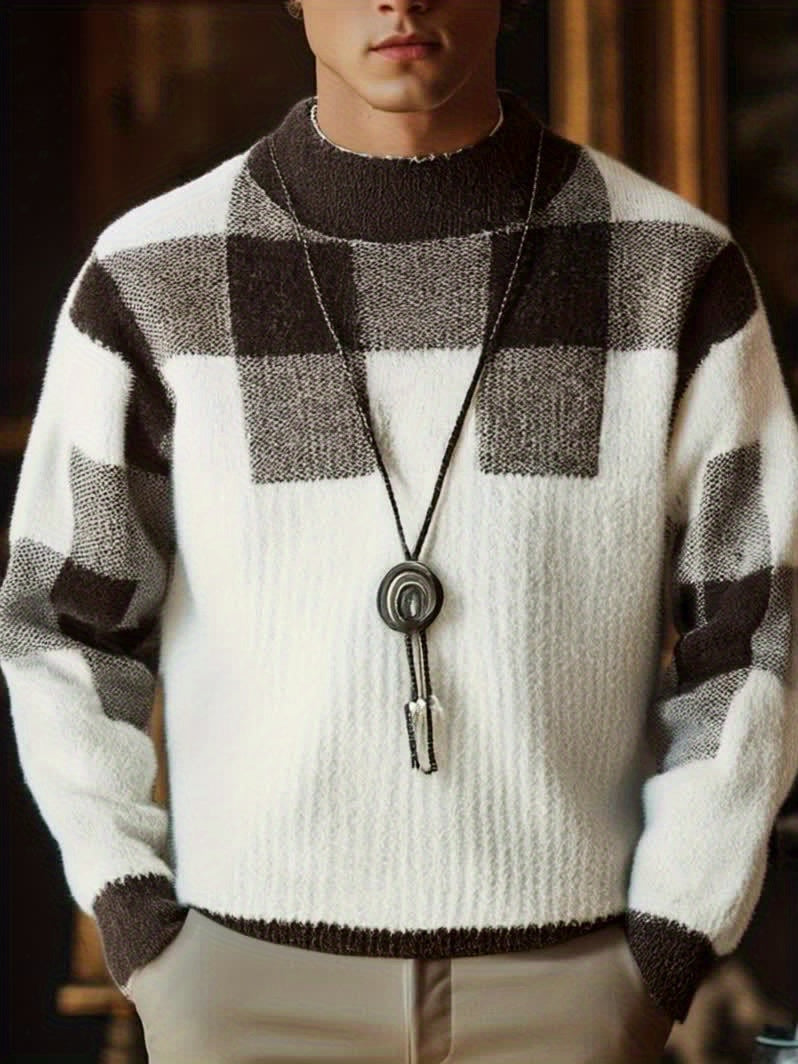 Men's Slim Fit Winter Plaid Sweater Warm Knit Round Neck