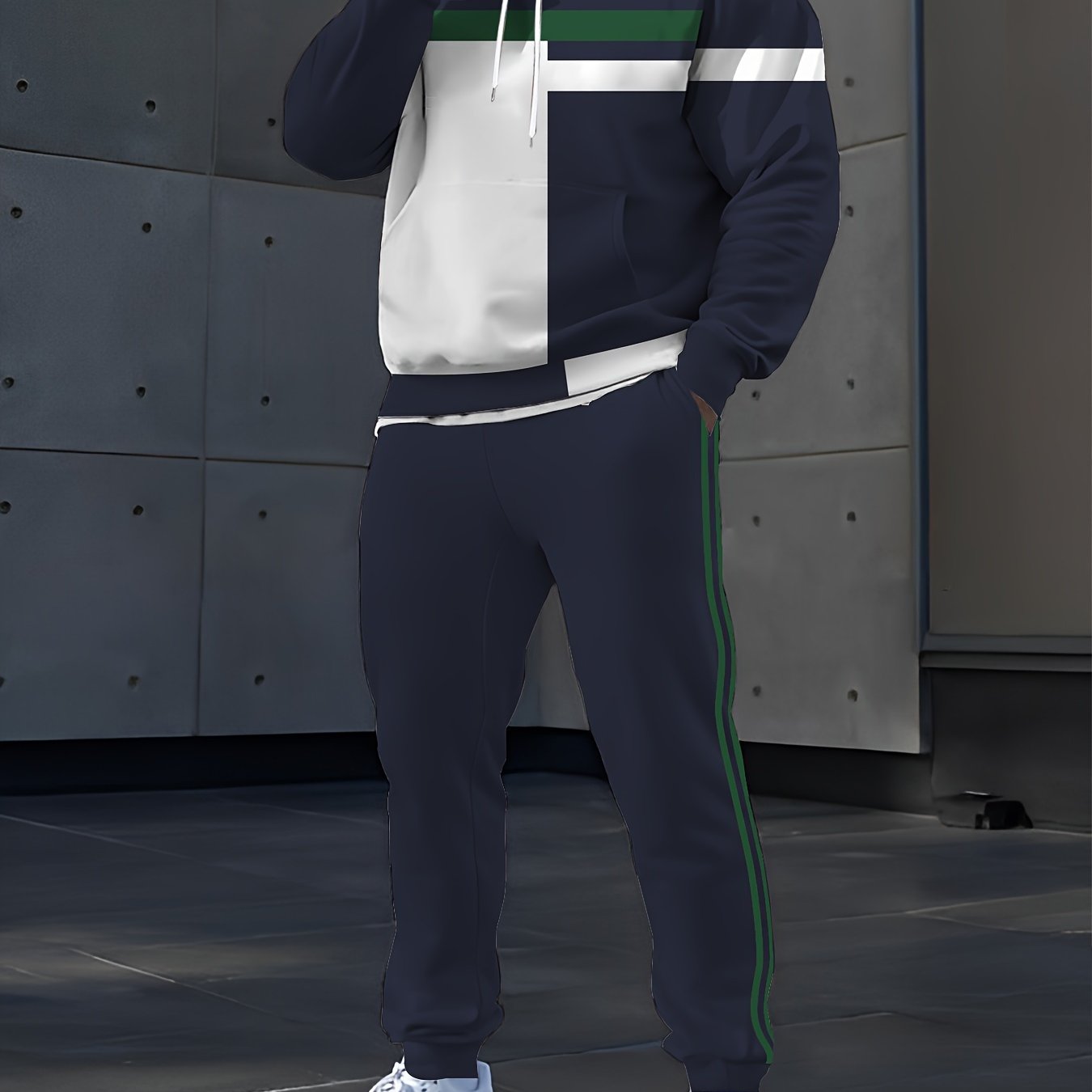 Mens Striped Digital Print Hooded Tracksuit Set For Spring
