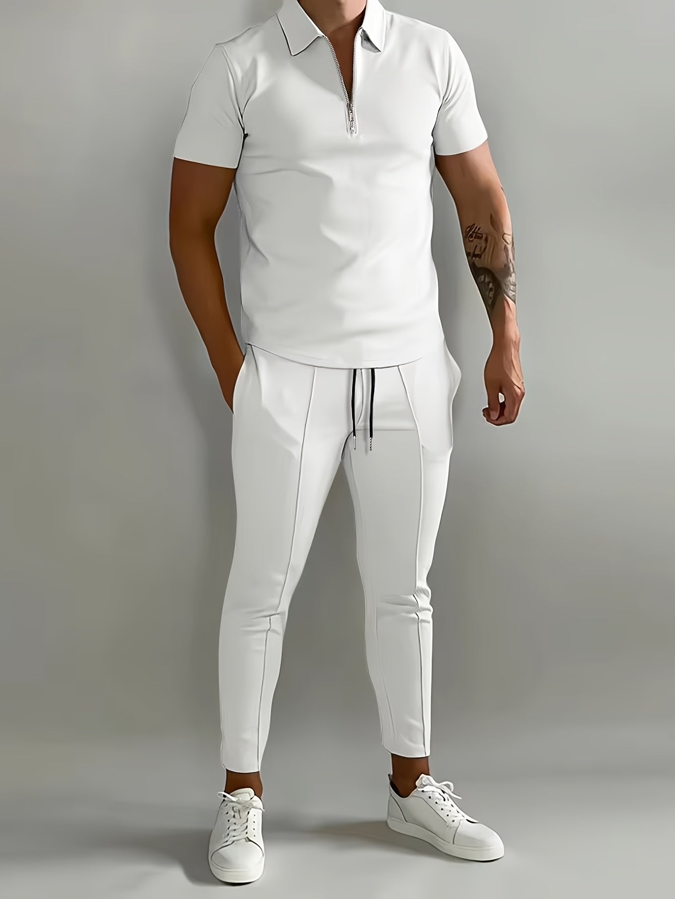 Men's Casual Polo Set With Zipper Polo And Pocket Pants