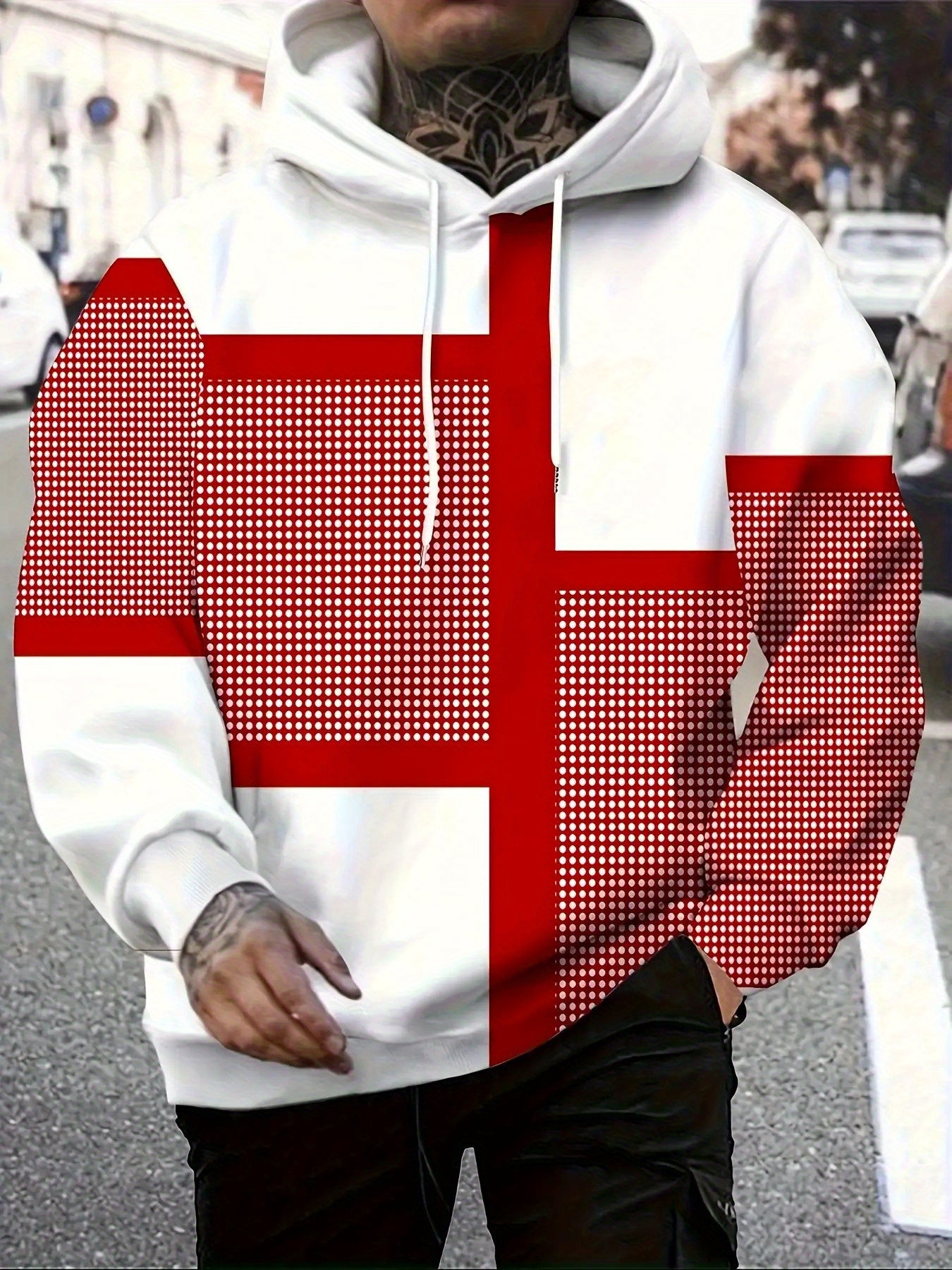 Mens Heavyweight Hoodie Geometric Pattern Sweatshirt