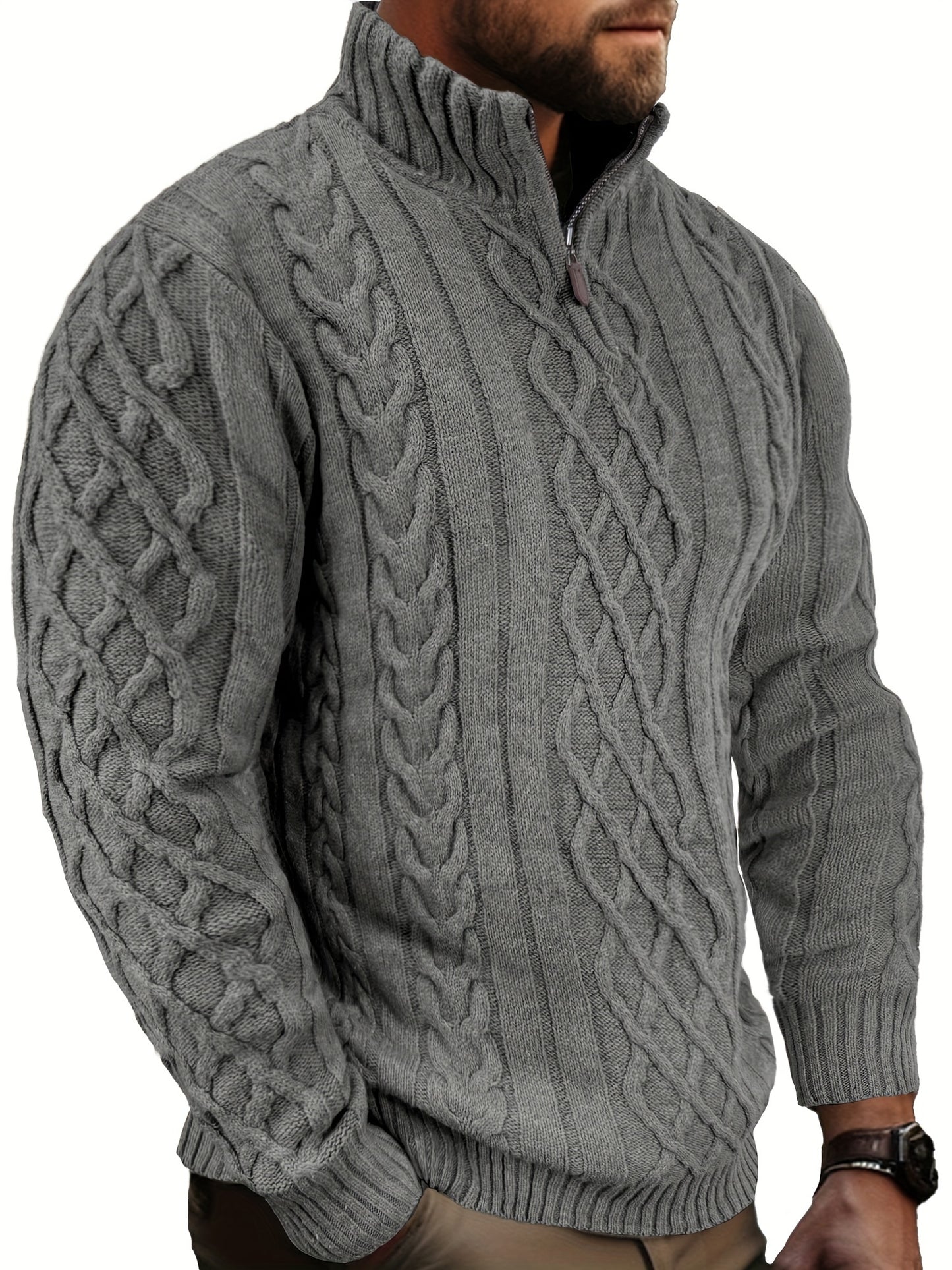 COMDECEVIS Mens Quarter Zip Cable Knit Mock Neck Sweater