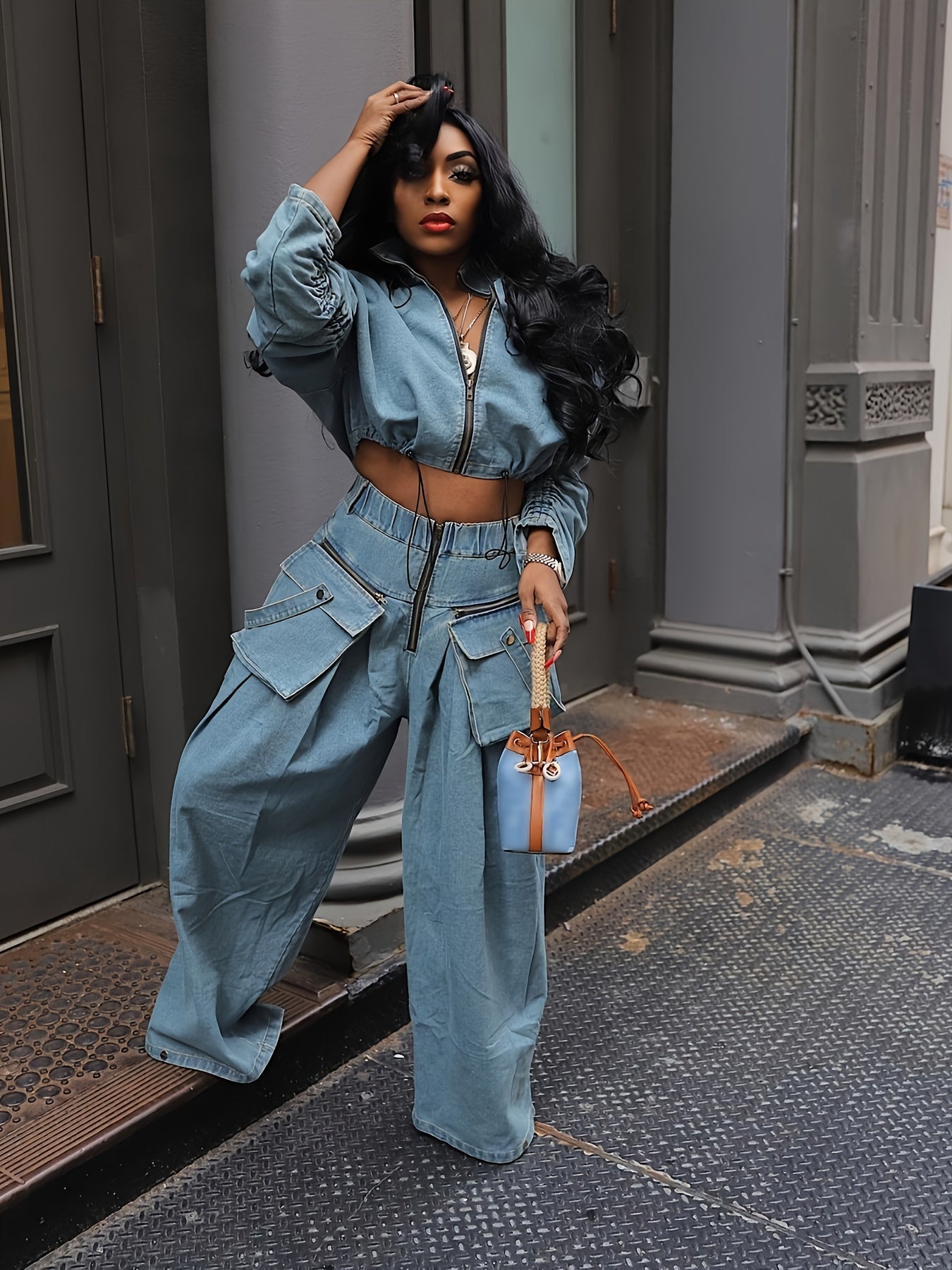 Denim 2-Piece Zip-Up Long Sleeve Crop Top Wide-Leg Pants