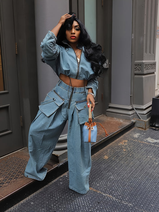 Denim 2-Piece Zip-Up Long Sleeve Crop Top Wide-Leg Pants