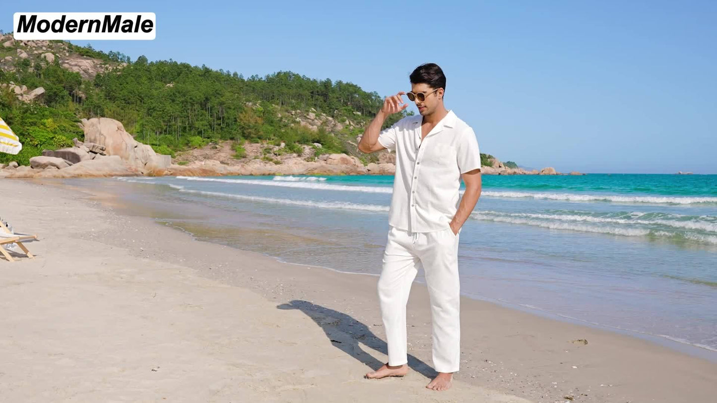 Men Linen Beach Button Shirt And Linen Pants Set Casual 2pc